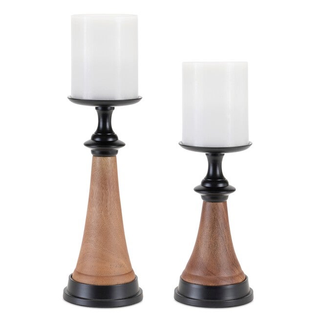 Tapered Wood and Metal Candle Holder (Set of 2), BROWN BLACK, hi-res image number null