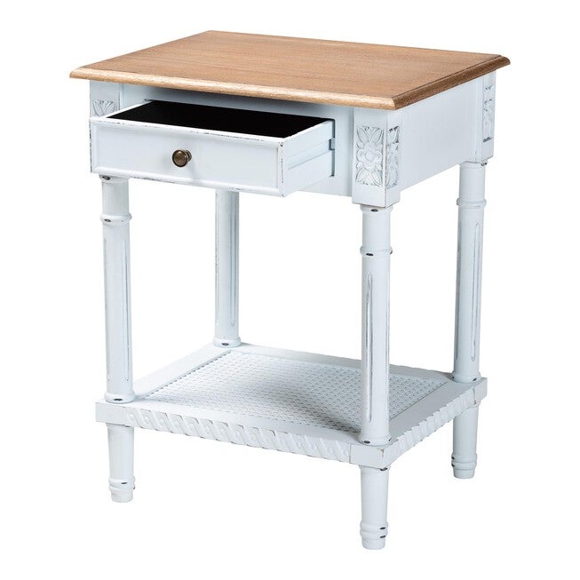 Legrand Classic French Two-Tone White and Natural Brown 1-Drawer End Table, WHITE, alternate image number 2