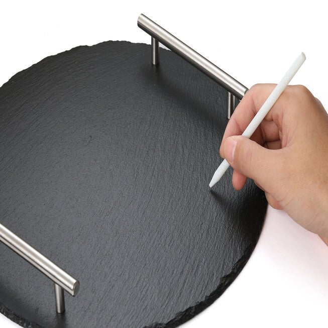 Rounde Slate Stone Serving Tray With Stainless Steel Handkles - Kit, , alternate image number null
