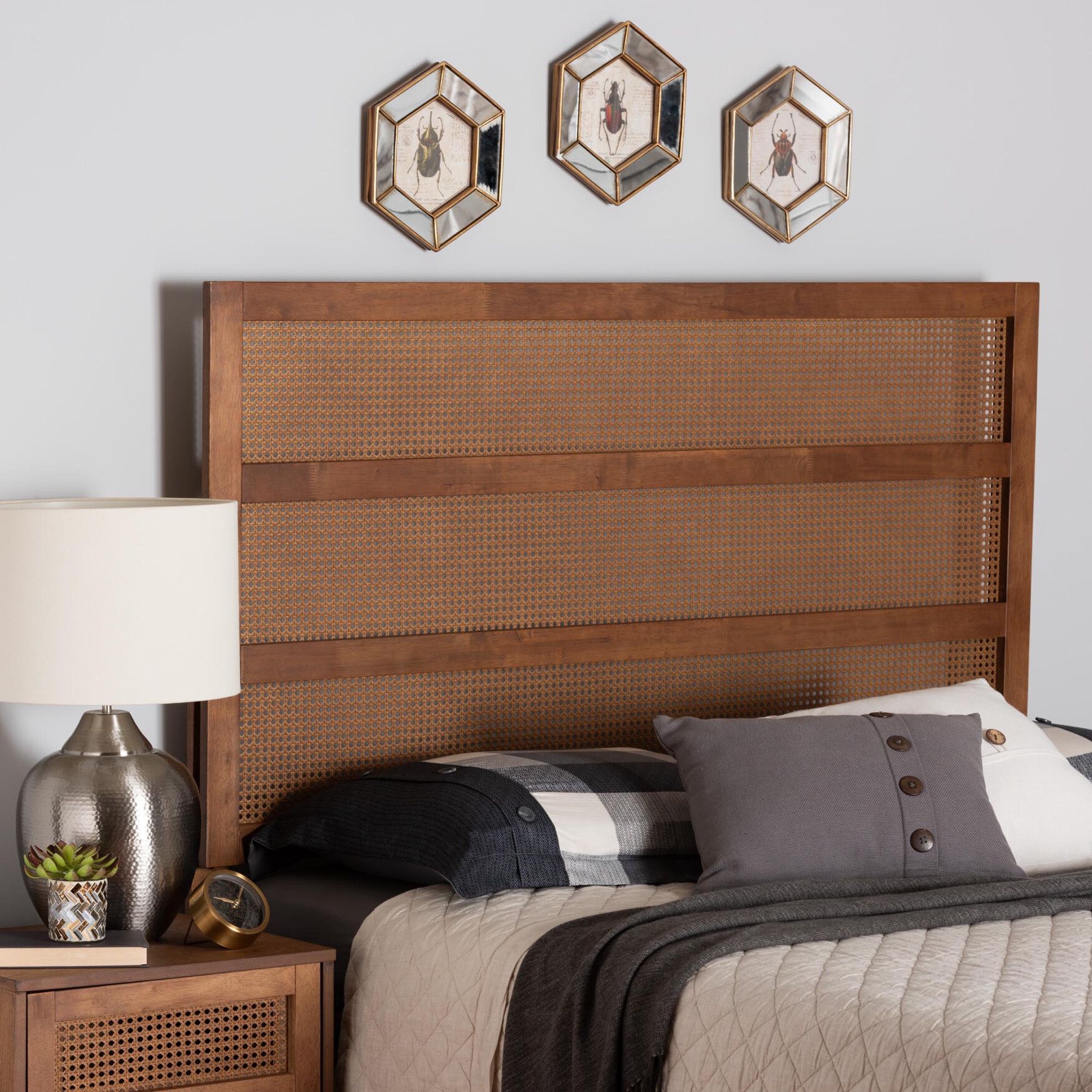 Berne Mid-Century Modern Ash Walnut Finished Wood Queen Size Headboard With Rattan, , alternate image number 4