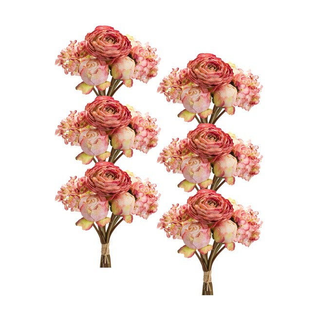 Peony and Hydrangea Bouquet (Set of 6) 16.75 inchesH Polyester, PINK/BEIGE/GREEN, hi-res image number null