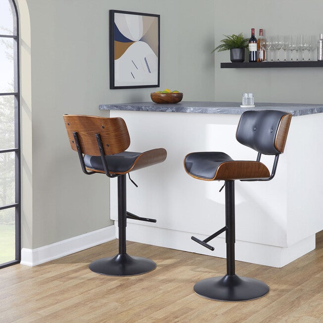 Lombardi Mid-Century Modern Adjustable Barstool In Walnut With Faux Leather Upholstery, , alternate image number 7