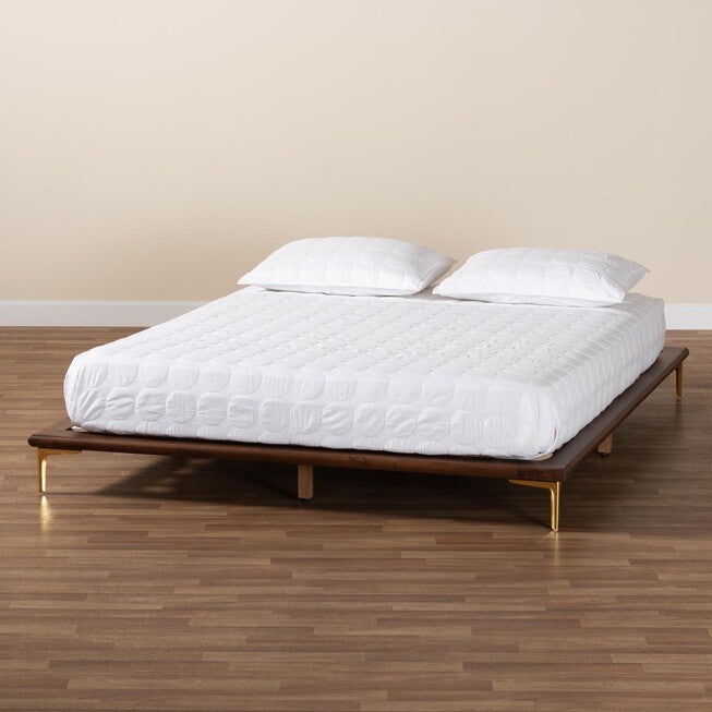 Channary Mid-Century Modern Transitional Walnut Brown Finished Wood And Gold Metal King Size Bed Frame, , alternate image number 6