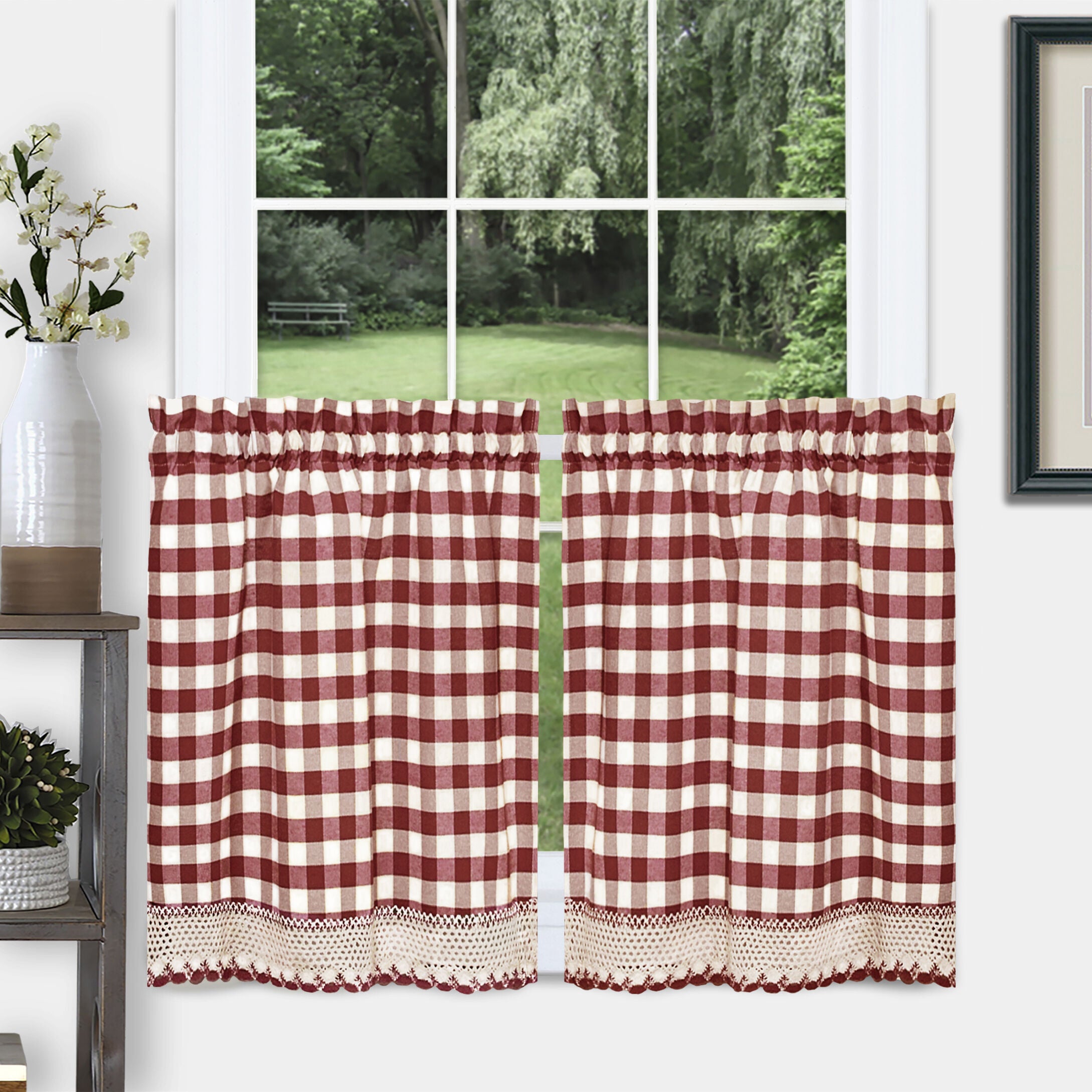 Buffalo Check Window Curtain Tier Pair - 58x36 - Navy, BURGUNDY, alternate image number 1