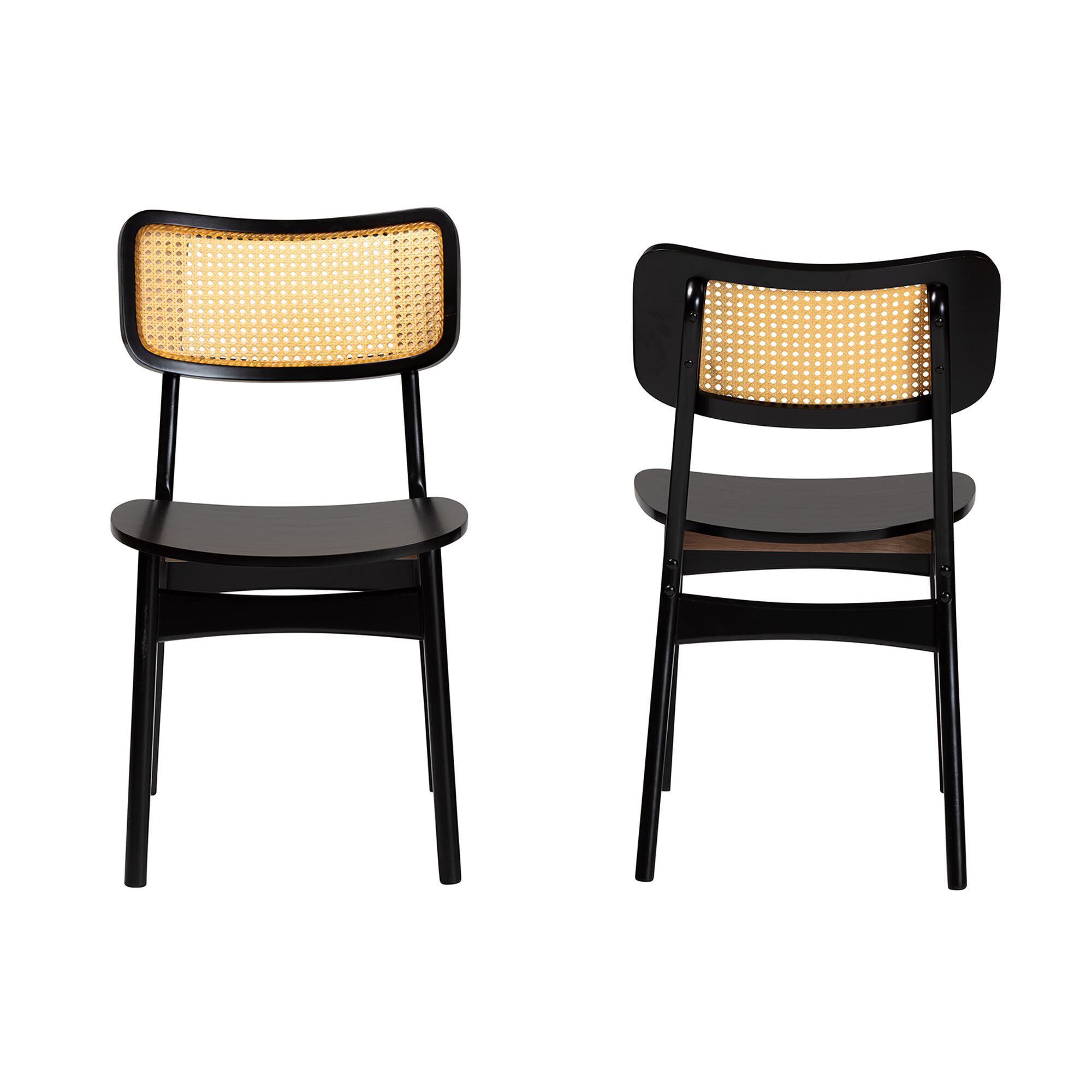 Tafari Mid-Century Modern Walnut Brown Finished Wood and Rattan 2-Piece Dining Chair Set, BROWN, alternate image number 3