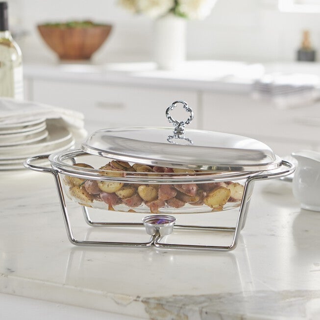 2.5-Qt. Oval Glass Chafing Dish, STAINLESS, hi-res image number 0