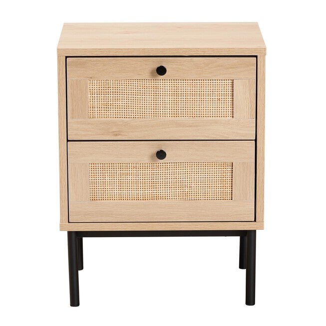 Sherwin Mid-Century Modern Light Brown And Black 2-Drawer End Table With Woven Rattan Accent, , alternate image number null
