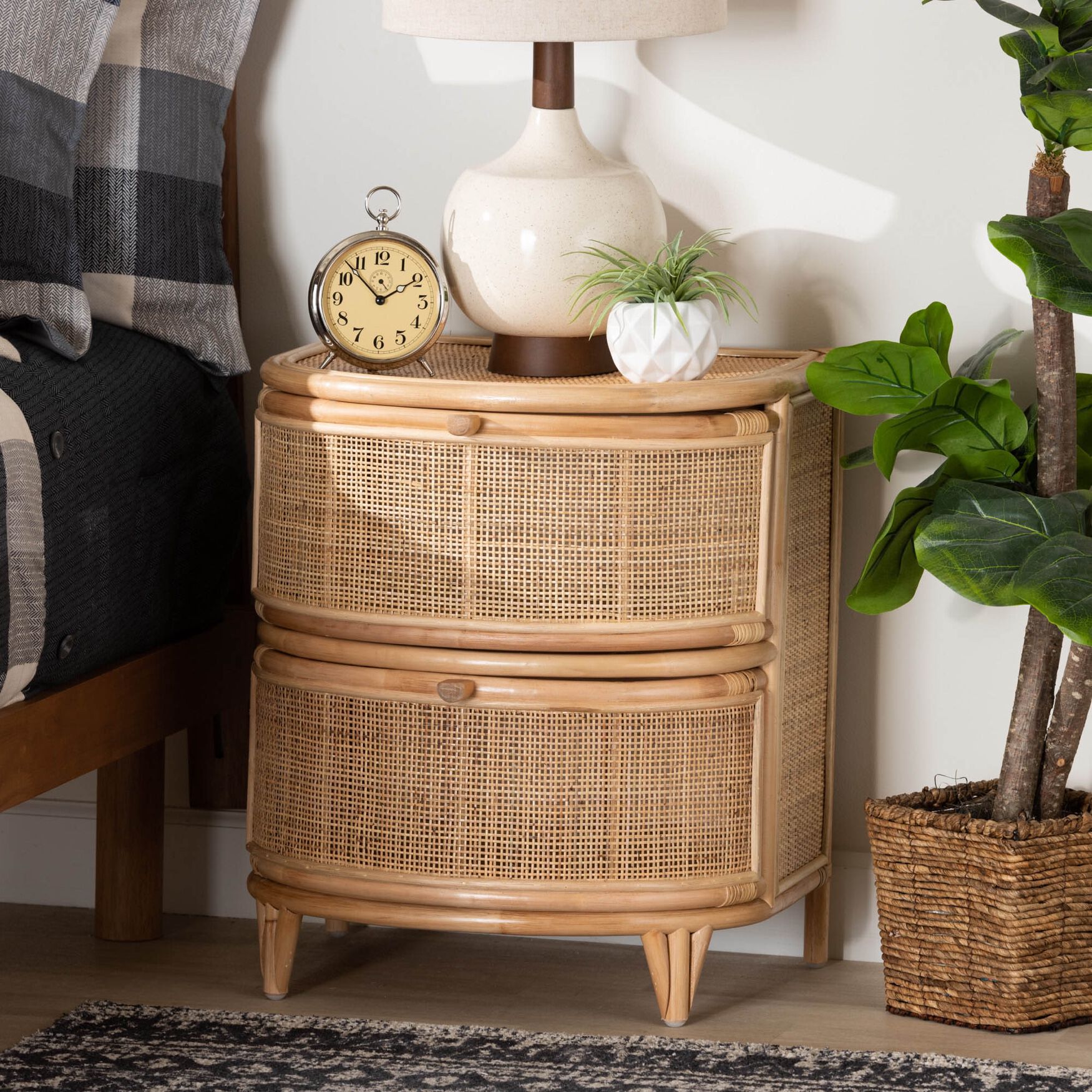 Oleta Modern Bohemian Natural Brown Rattan 2-Drawer Nightstand, , alternate image number 12