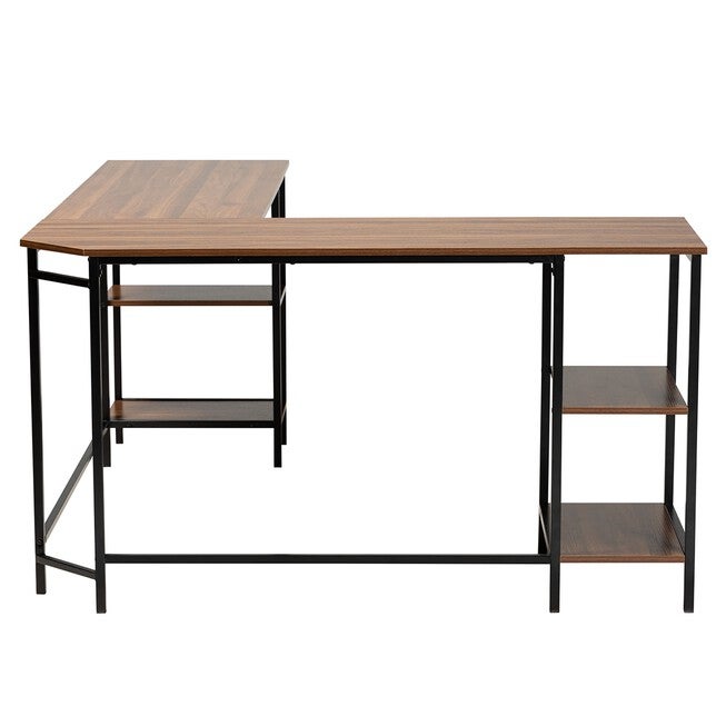 Lydia Modern Walnut Brown Finished Wood And Black Metal L-Shaped Corner Desk With Shelves, , alternate image number 2