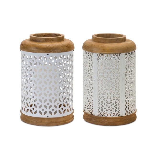Geometric Punched Metal Lantern (Set of 2), WHITE/BROWN, hi-res image number null