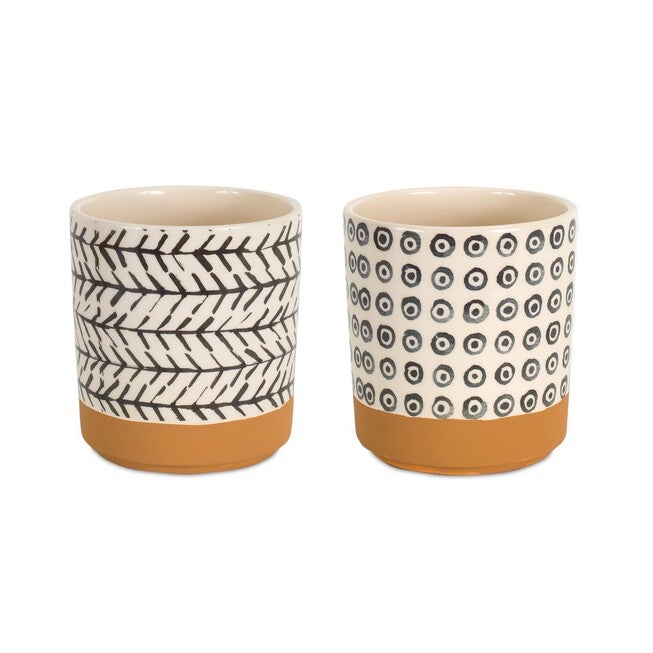 Geometric Patterned Pot with Terra Cotta Accent (Set of 4), BROWN/WHITE, alternate image number null