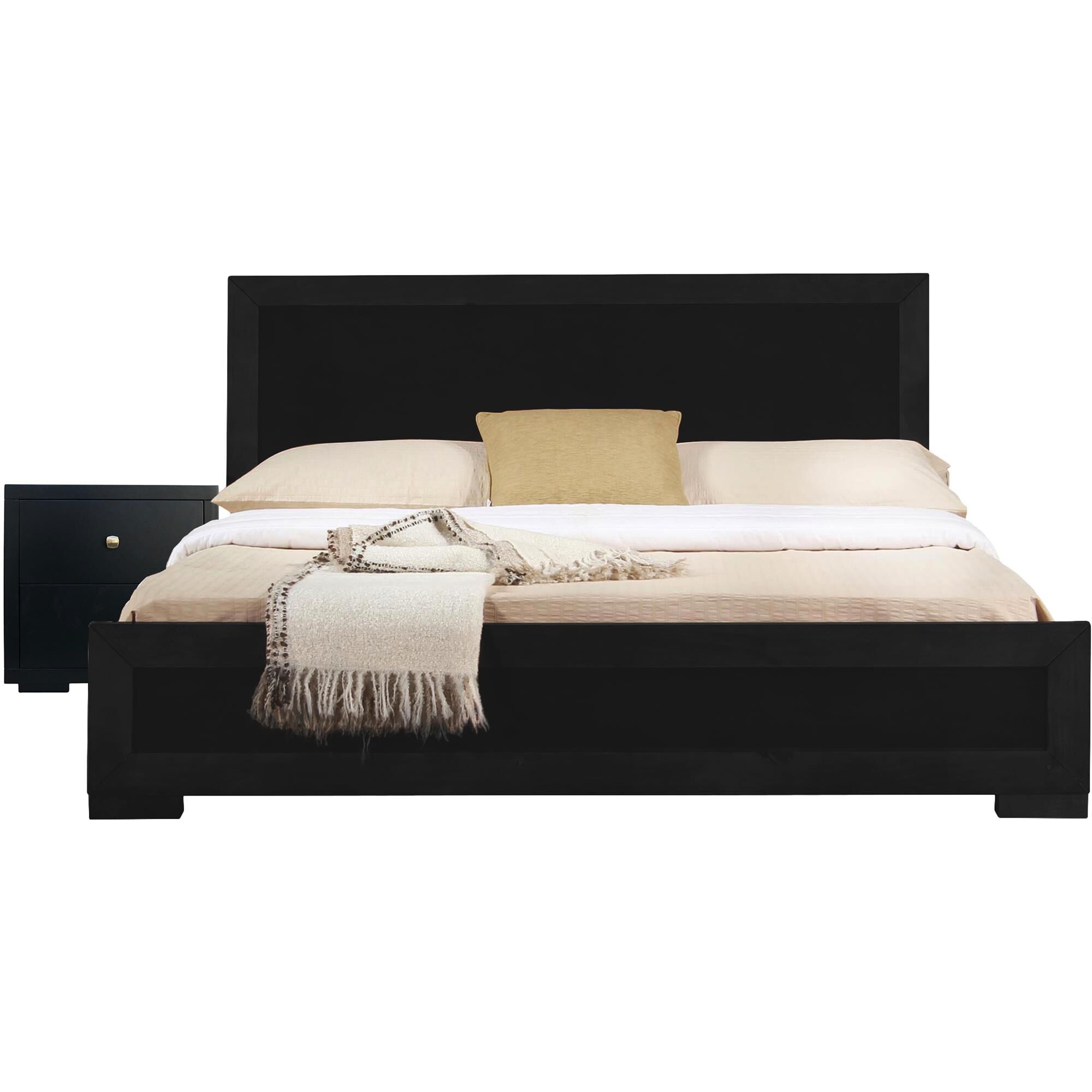 Trent Wooden Platform Bed in Black, Queen with 2 Nightstands, BLACK, hi-res image number 0