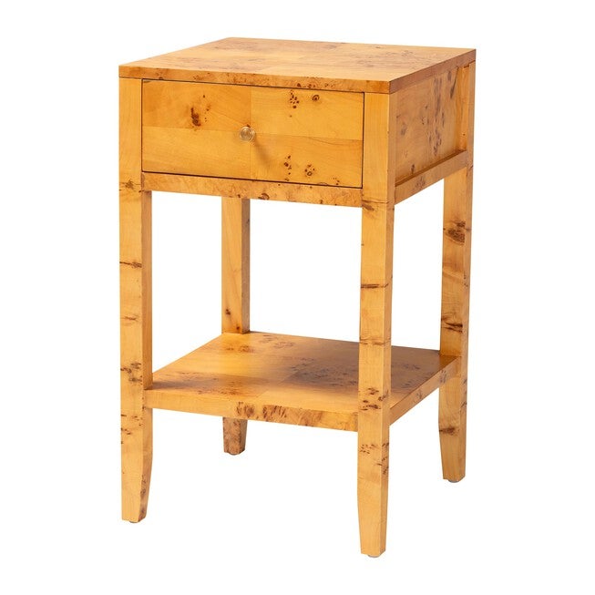 Ghina Modern and Contemporary Natural Light Mappa Real Burl Wood 1-Drawer Nightstand, LIGHT MAPPA BURL, alternate image number 1