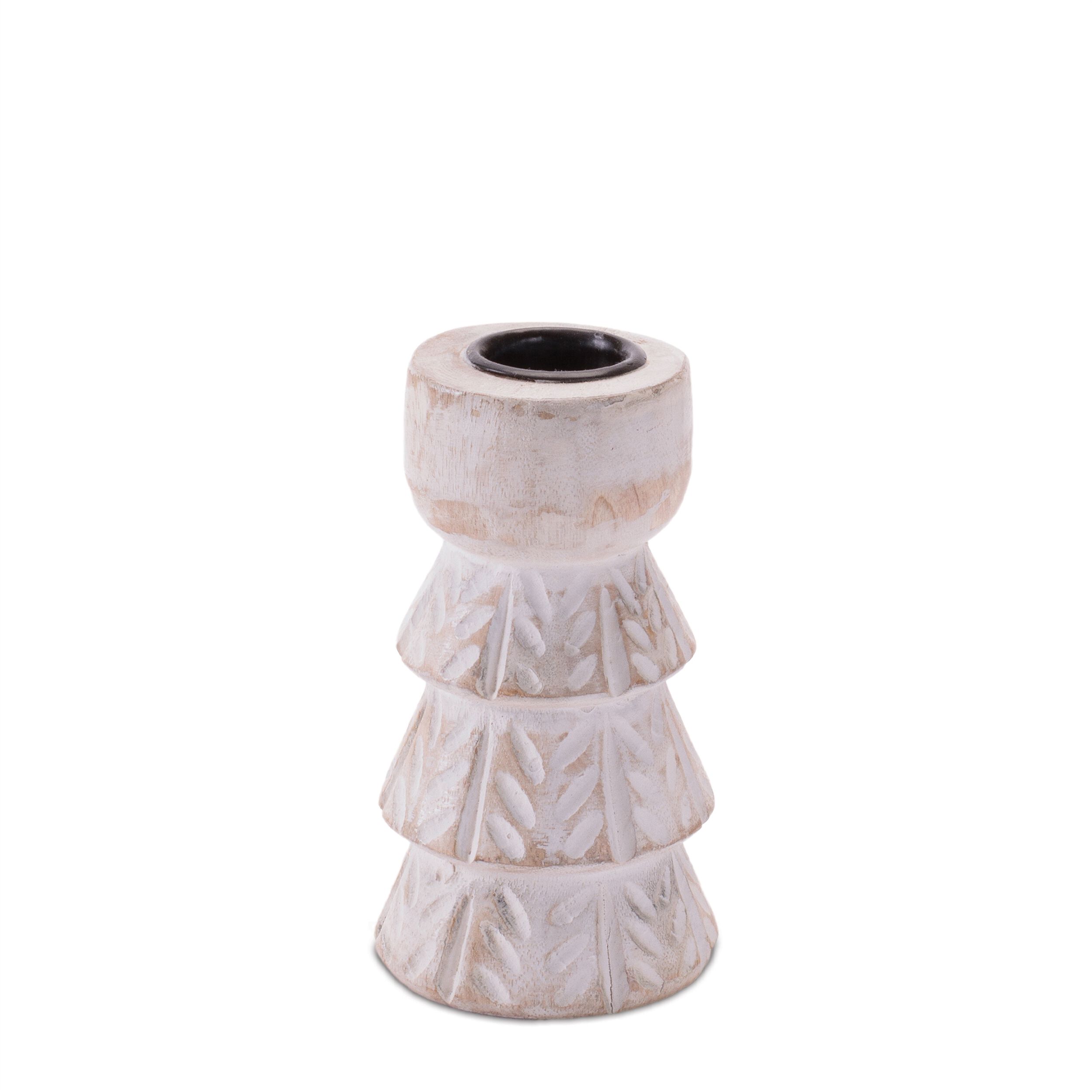 White Washed Wood Taper Candle Holder (Set of 2), WHITE BROWN, alternate image number 4