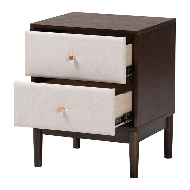 Nikolai Mid-Century Beige Fabric and Wenge Brown Wood 2-Drawer Nightstand, BEIGE/WENG, alternate image number null
