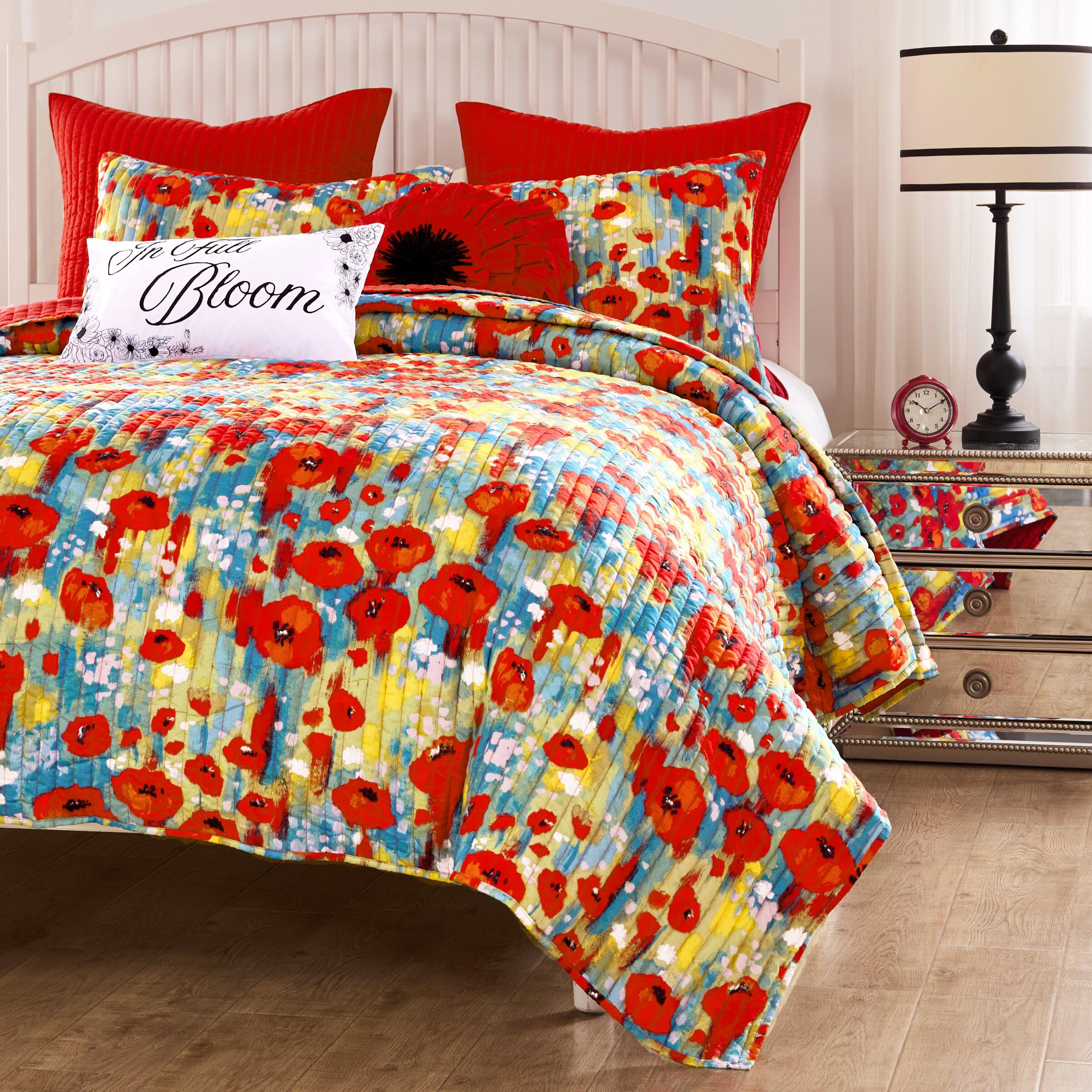 Poppies Modern Boho Floral Finely Stitched Quilt Set, RED, hi-res image number 0