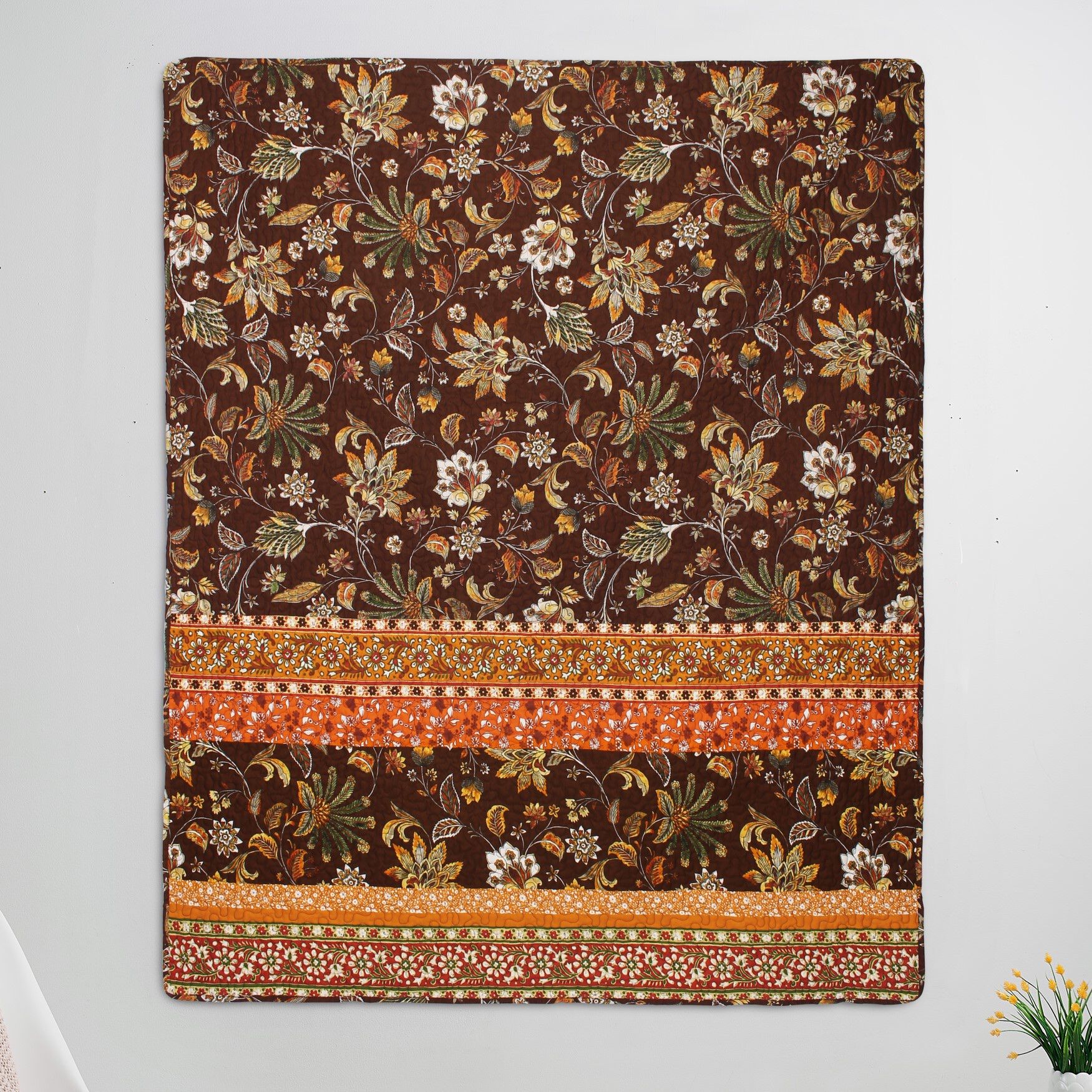 Audrey Boho Botanical Quilted Throw Blanket, Chocolate, , on-hover image number 1