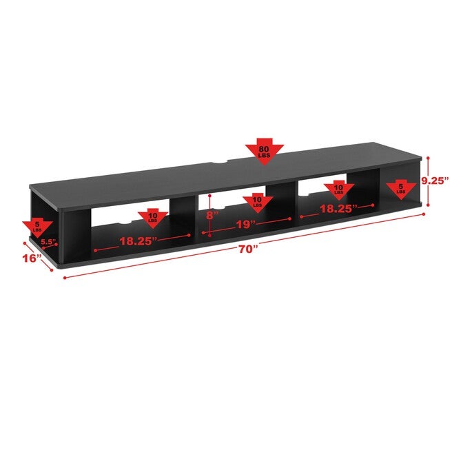 70 inches Wide Wall Mounted TV Stand, Black, , alternate image number null