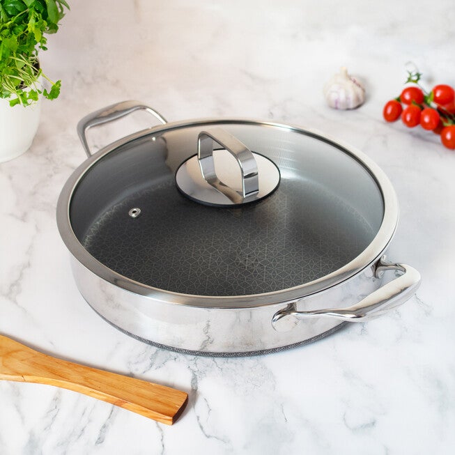 LIVWELL DiamondClad™ 5 Quart Hybrid Nonstick Stainless Steel Saute Pan and Lid, Dishwasher Safe, PFOA-free – Silver/Black, SILVER, alternate image number null