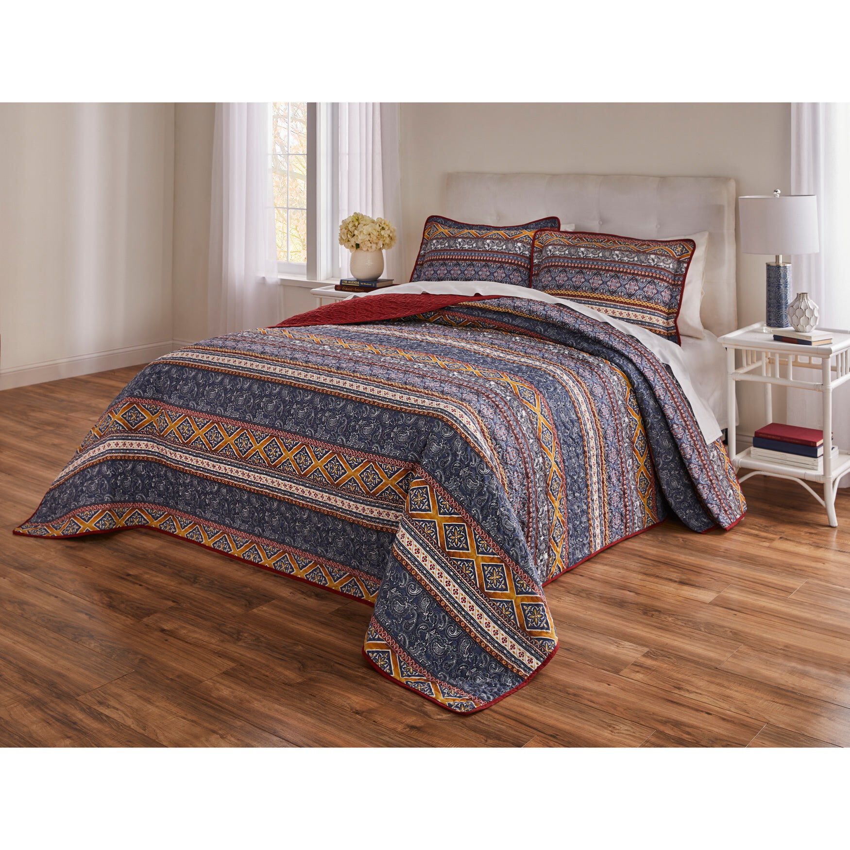 3-PC.Global Stripe Printed Bedspread, BLUE MULTI, hi-res image number 0
