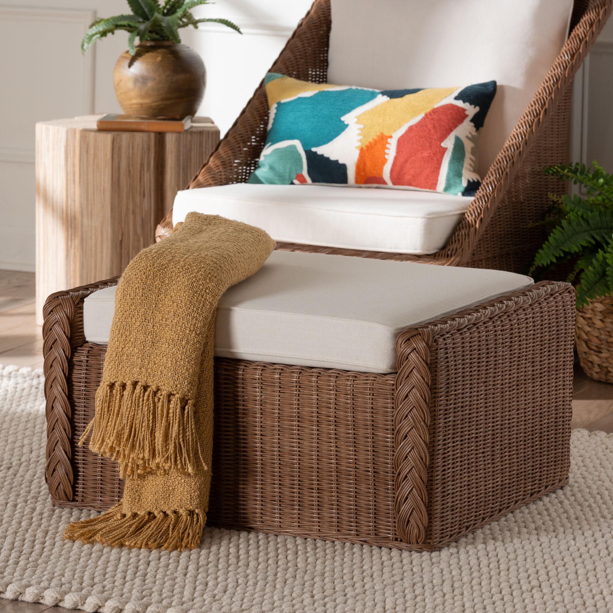 Derris Bohemian Peanut Brown Braided Rattan Footstool, BROWN, hi-res image number 0