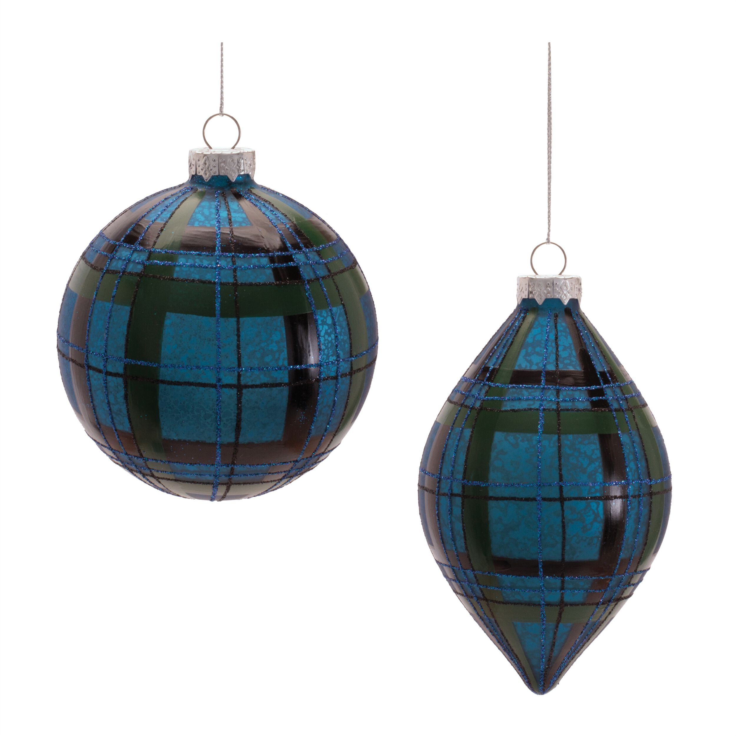 Plaid Glass Ornament (Set of 6), BLUE GREEN BLACK, hi-res image number 0