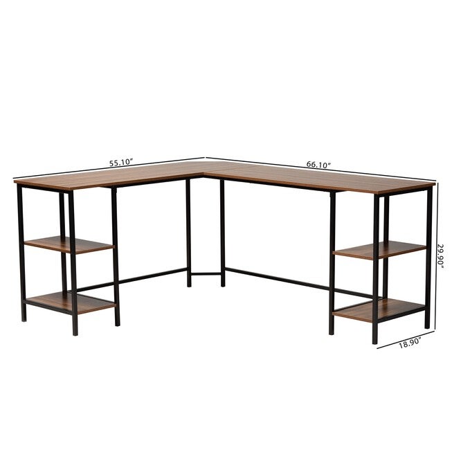 Lydia Modern Walnut Brown Finished Wood And Black Metal L-Shaped Corner Desk With Shelves, , alternate image number 9