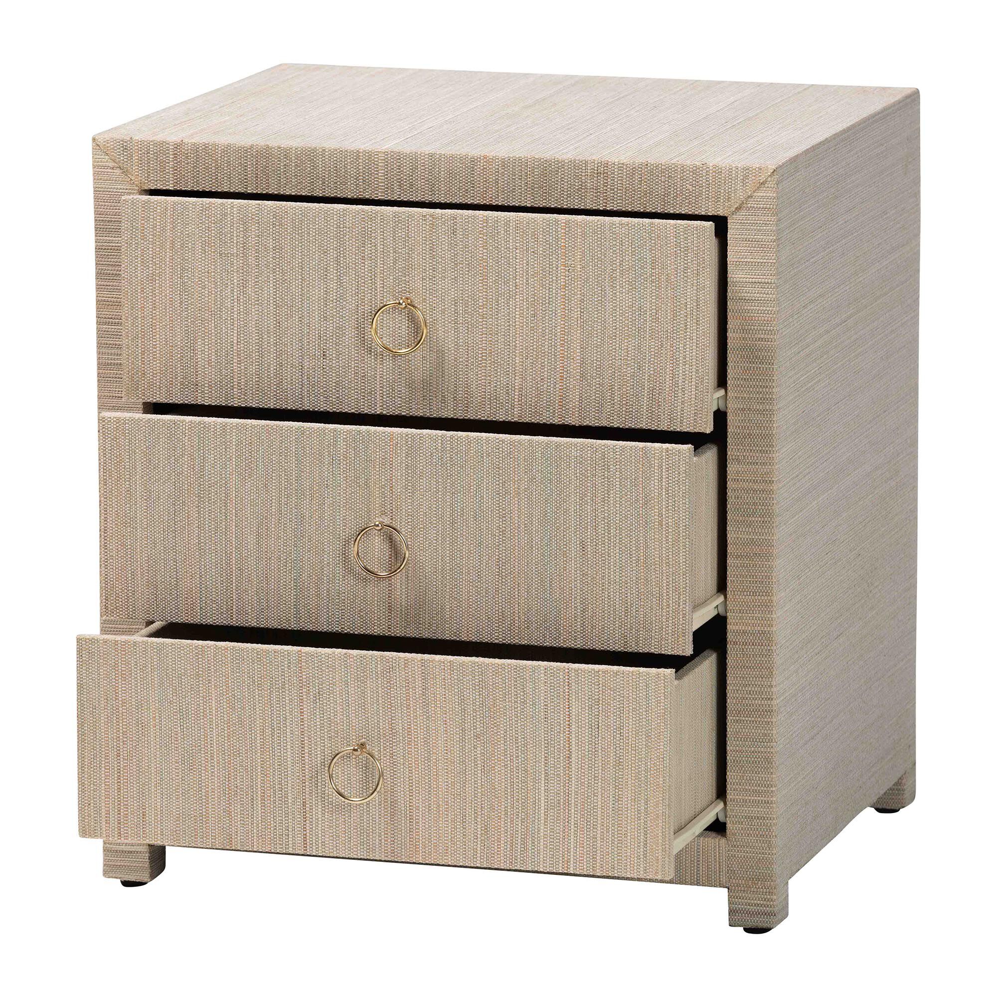 Quinn Bohemian Woven Natural Grasscloth 3-Drawer Nightstand, NATURAL, alternate image number 2