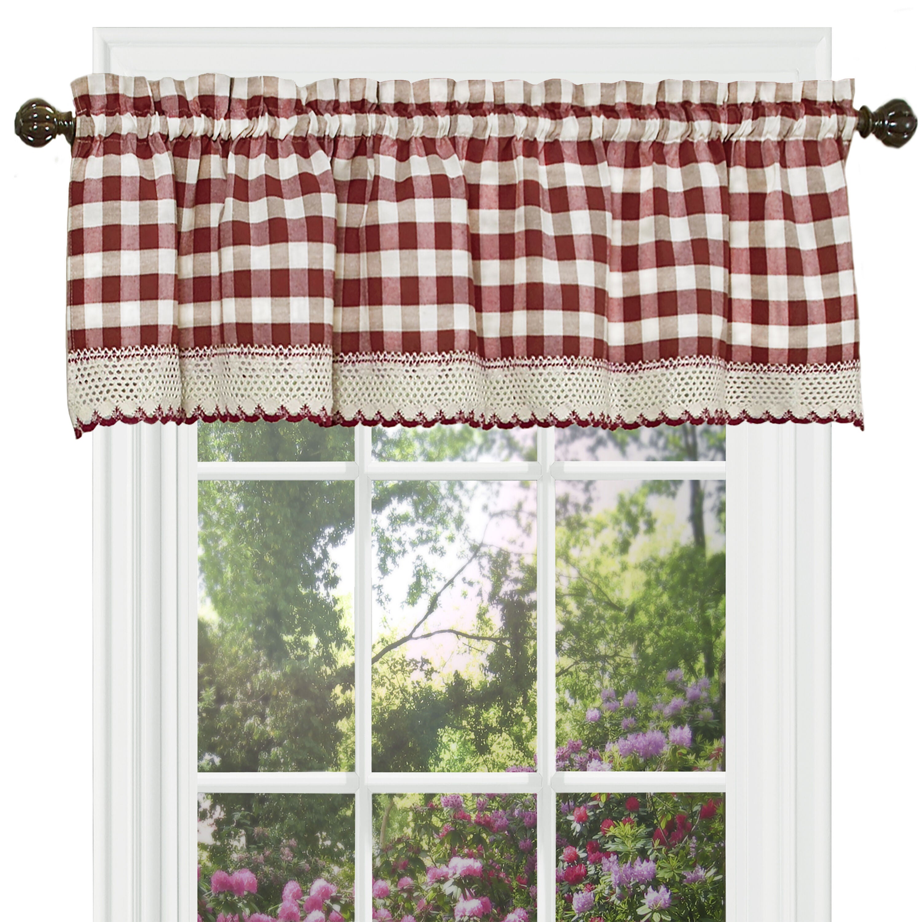 Buffalo Check Window Curtain Valance, BURGUNDY, alternate image number 1
