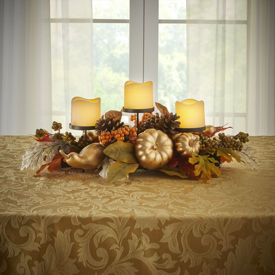 24" Gold Pumpkin Harvest Centerpiece with 3 LED Candles, GOLD 24" Gold Pumpkin Harvest Centerpiece with 3 LED Candles, GOLD