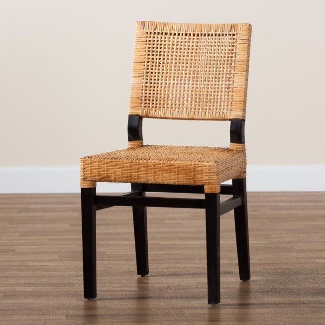 Lesia Modern Bohemian Natural Brown Rattan And Espresso Brown Mahogany Wood Dining Chair, , alternate image number null