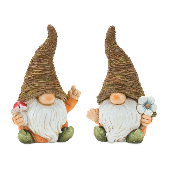 Distressed Garden Gnome Statue With Mushroom And Flower Accent (Set Of 2), BROWN, hi-res image number null