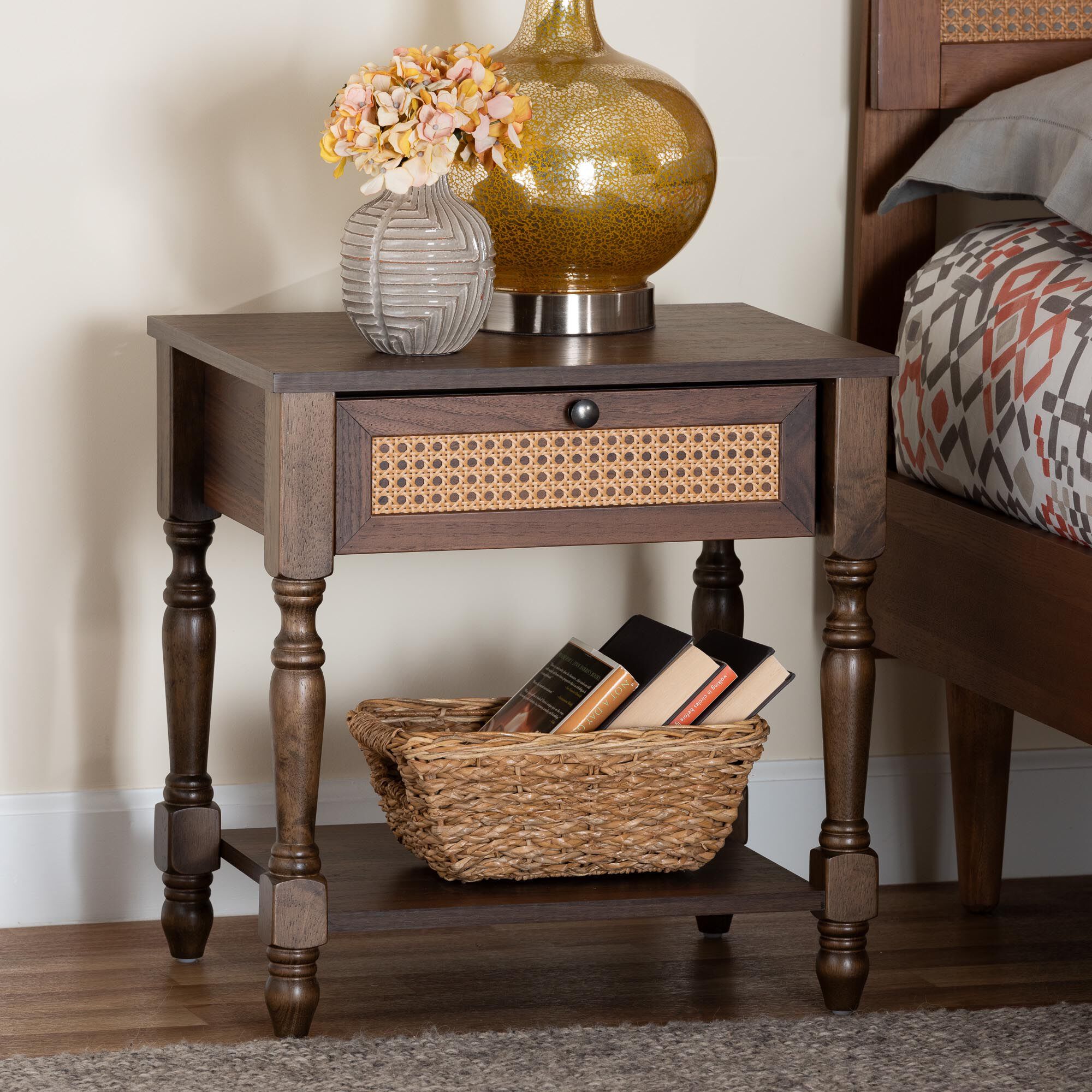 Roden Transitional Dark Brown Nightstand with Rattan, BROWN, hi-res image number 0