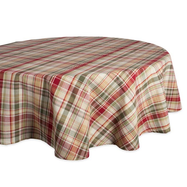 Give Thanks Plaid Tablecloth 70 Round, TAN, hi-res image number 0