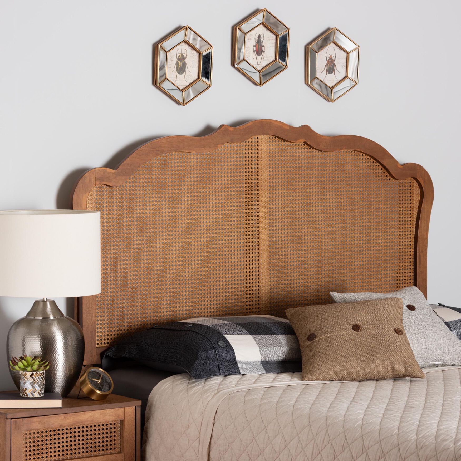 Leandra Classic And Traditional Ash Walnut Finished Wood Queen Size Headboard With Rattan, , alternate image number 4