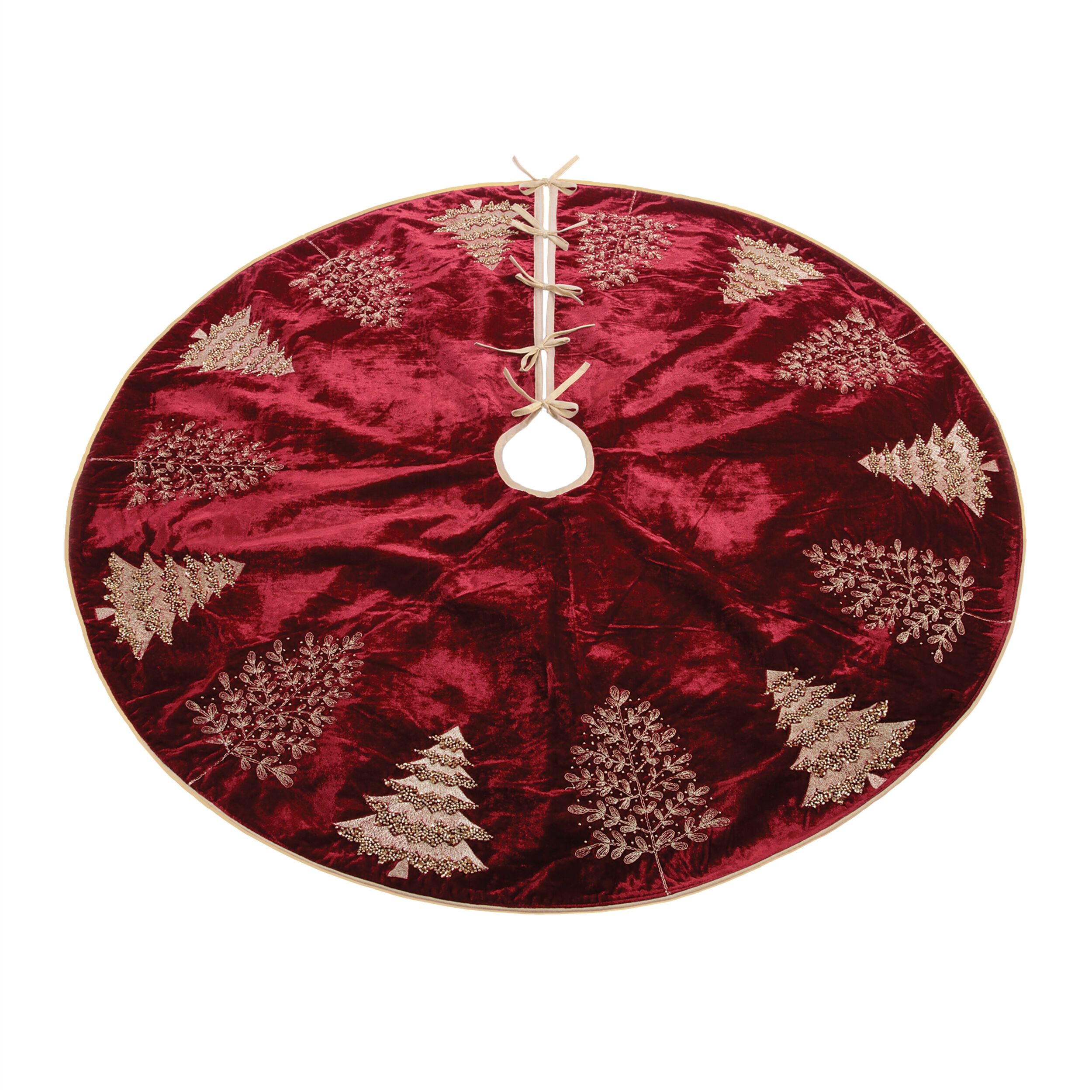 Embroidered Evergreen Tree Skirt 48 inchesD, RED GOLD, hi-res image number 0