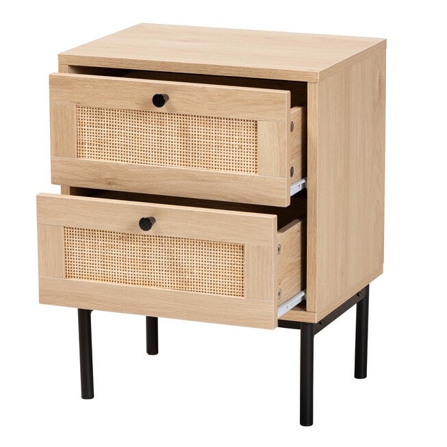 Sherwin Mid-Century Modern Light Brown And Black 2-Drawer End Table With Woven Rattan Accent, , on-hover image number null