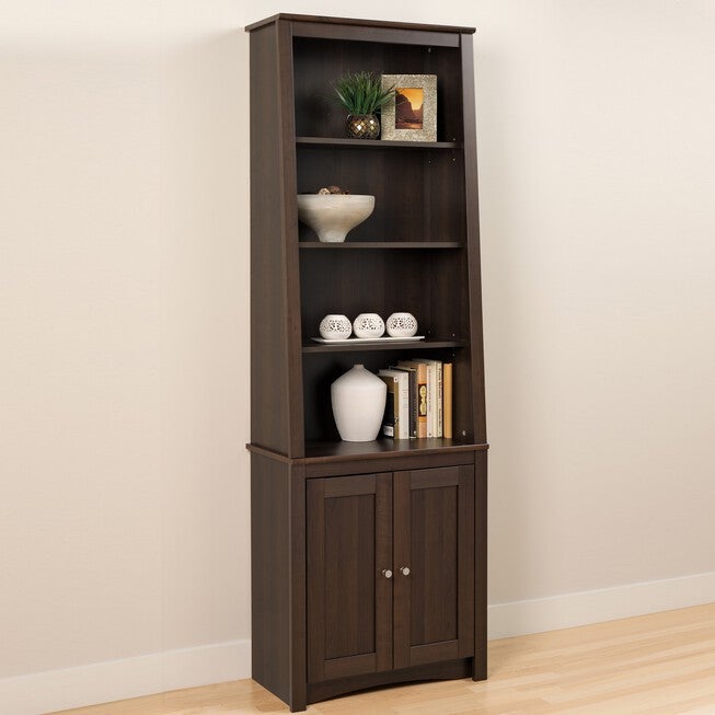 Tall Slant-Back Bookcase with 2 Shaker Doors, Espresso, EXPRESSO, hi-res image number 0