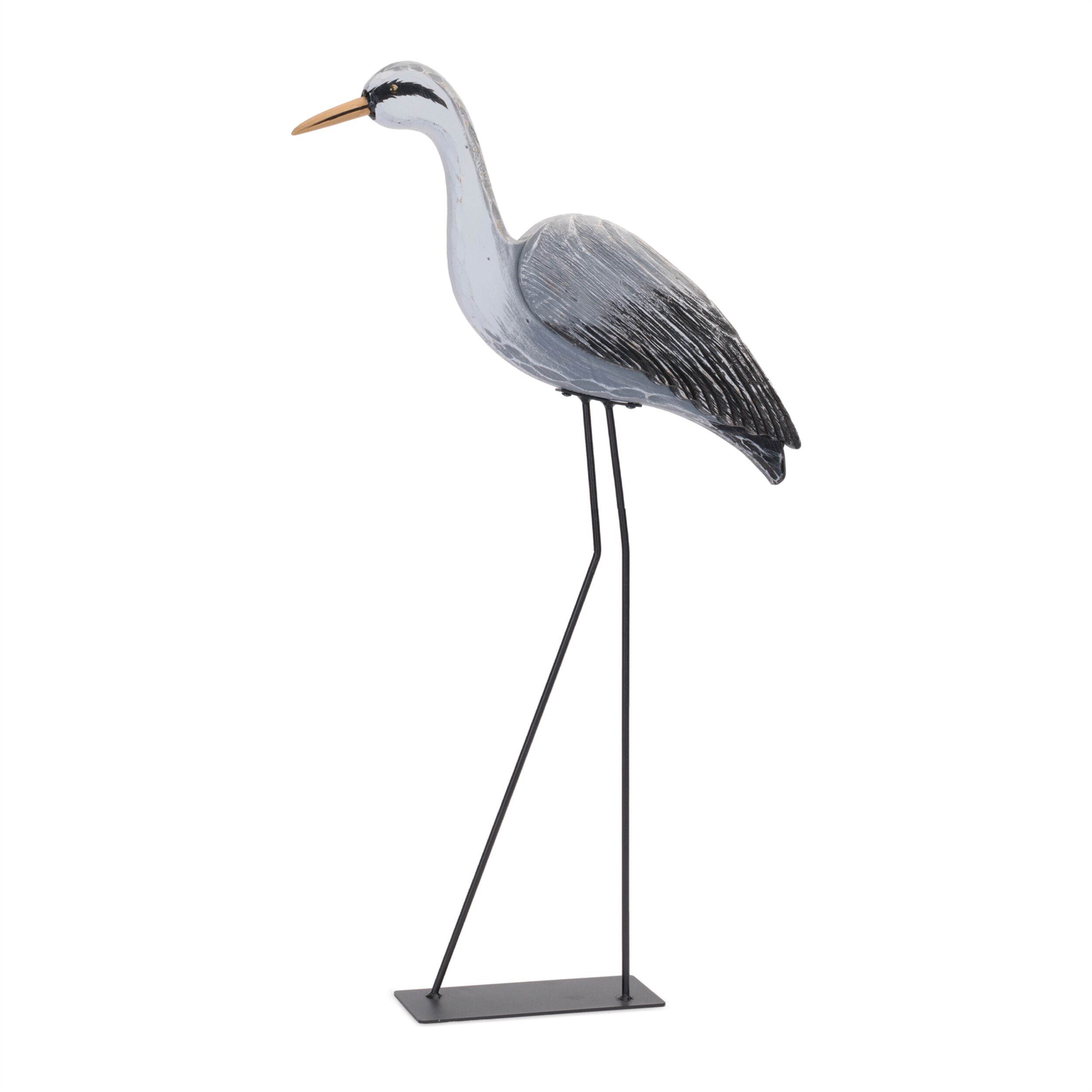 Paulownia Wood Heron Bird Statue with Metal Legs Base 29.5INH, BLACK WHITE, hi-res image number 0