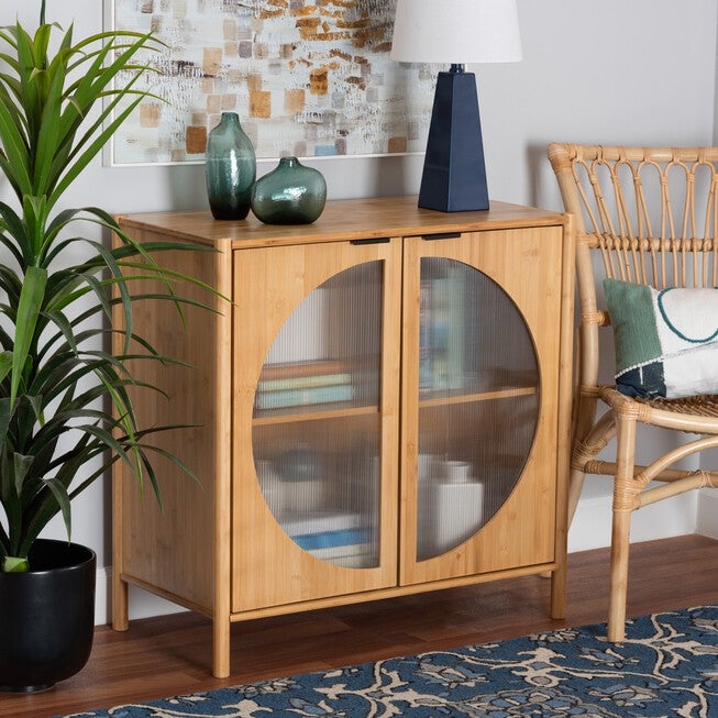 Naresh Mid-Century Modern Transitional Natural Brown Bamboo Wood 2-Door Storage Cabinet, , alternate image number null