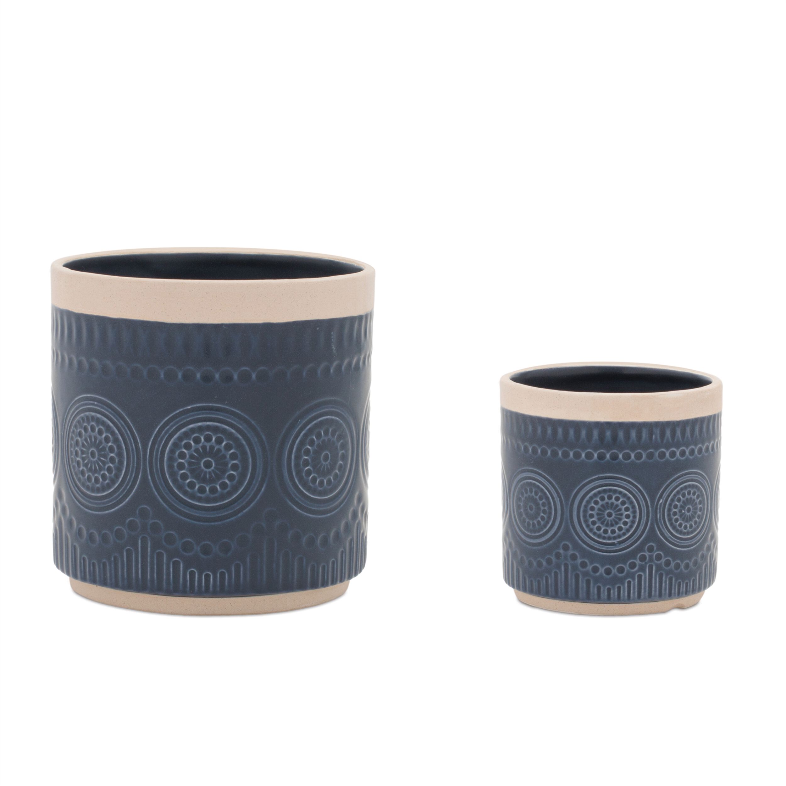 Ceramic Mandala Pattern Planter Set of 2, BLUE BEIGE, hi-res image number 0