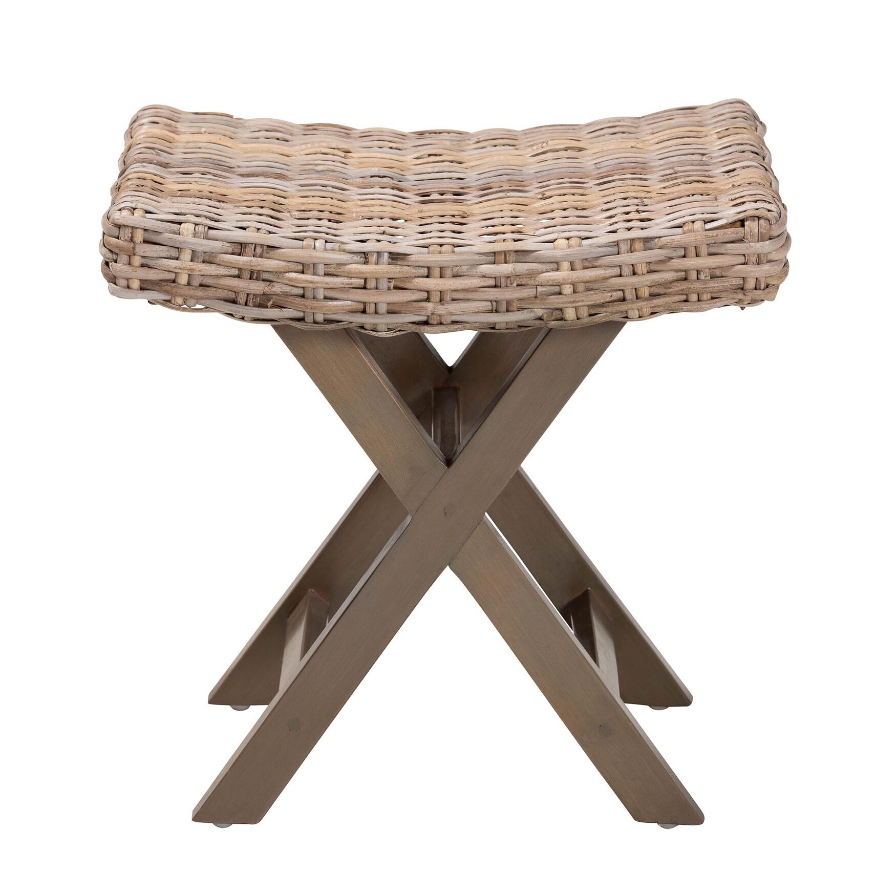 Hayate Bohemian Grey Kubu Rattan And Mahogany Wood Ottoman Footstool, , on-hover image number 1