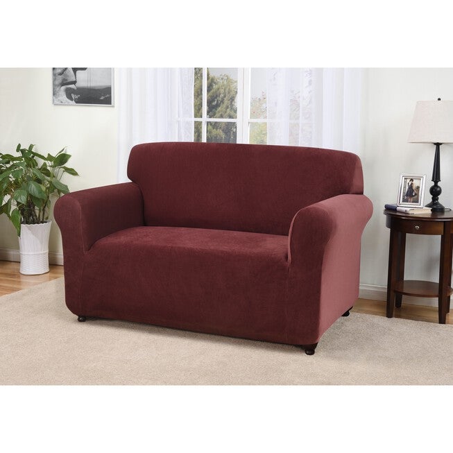 Kathy Ireland Knit Pique Loveseat Slipcover Furniture Protector, BURGUNDY, hi-res image number 0