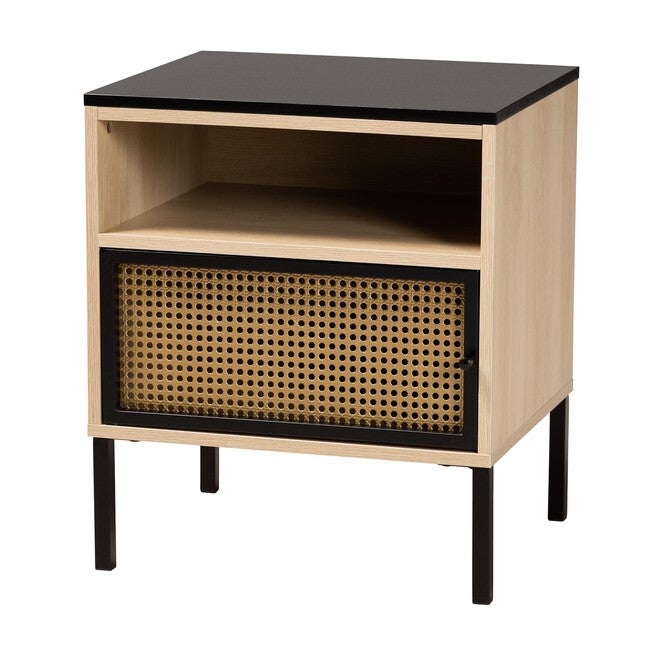 Felton Mid-Century Modern Two-Tone Black And Gold Metal And Light Brown Finished Wood 1-Door End Table, BLACK GOLD, hi-res image number null