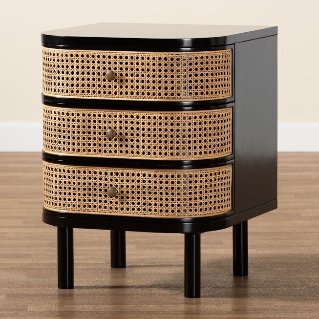 Nabila Modern Bohemian Black Bayur Wood And Natural Rattan 3-Drawer End Table Nightstand, , alternate image number null