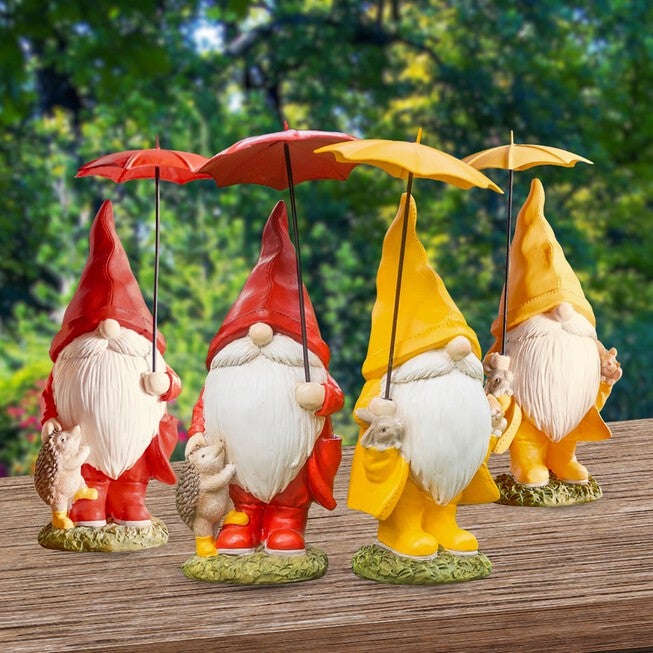 Garden Gnome With Umbrella And Woodland Animals (Set Of 4), YELLOW, hi-res image number null