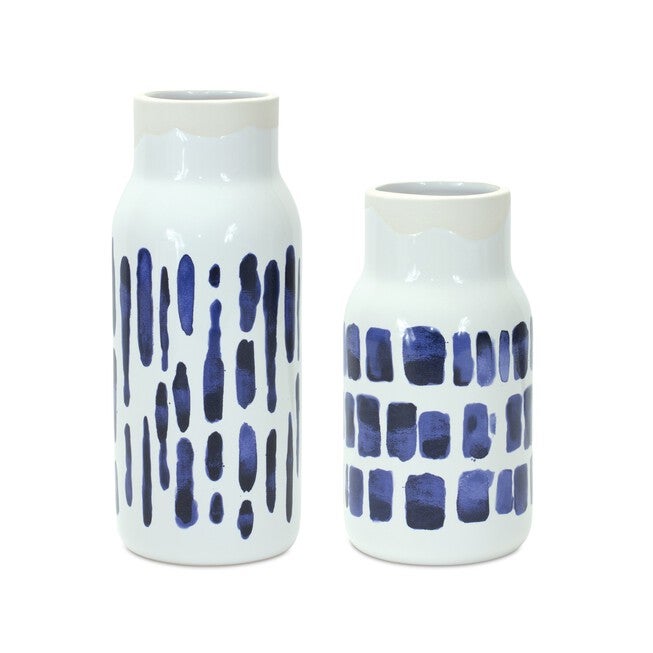 Vase (Set of 2) 4.25 inchesD x 8 inchesH, 4.25 inchesD x 10 inchesH Ceramic, BLUE/WHITE, hi-res image number null