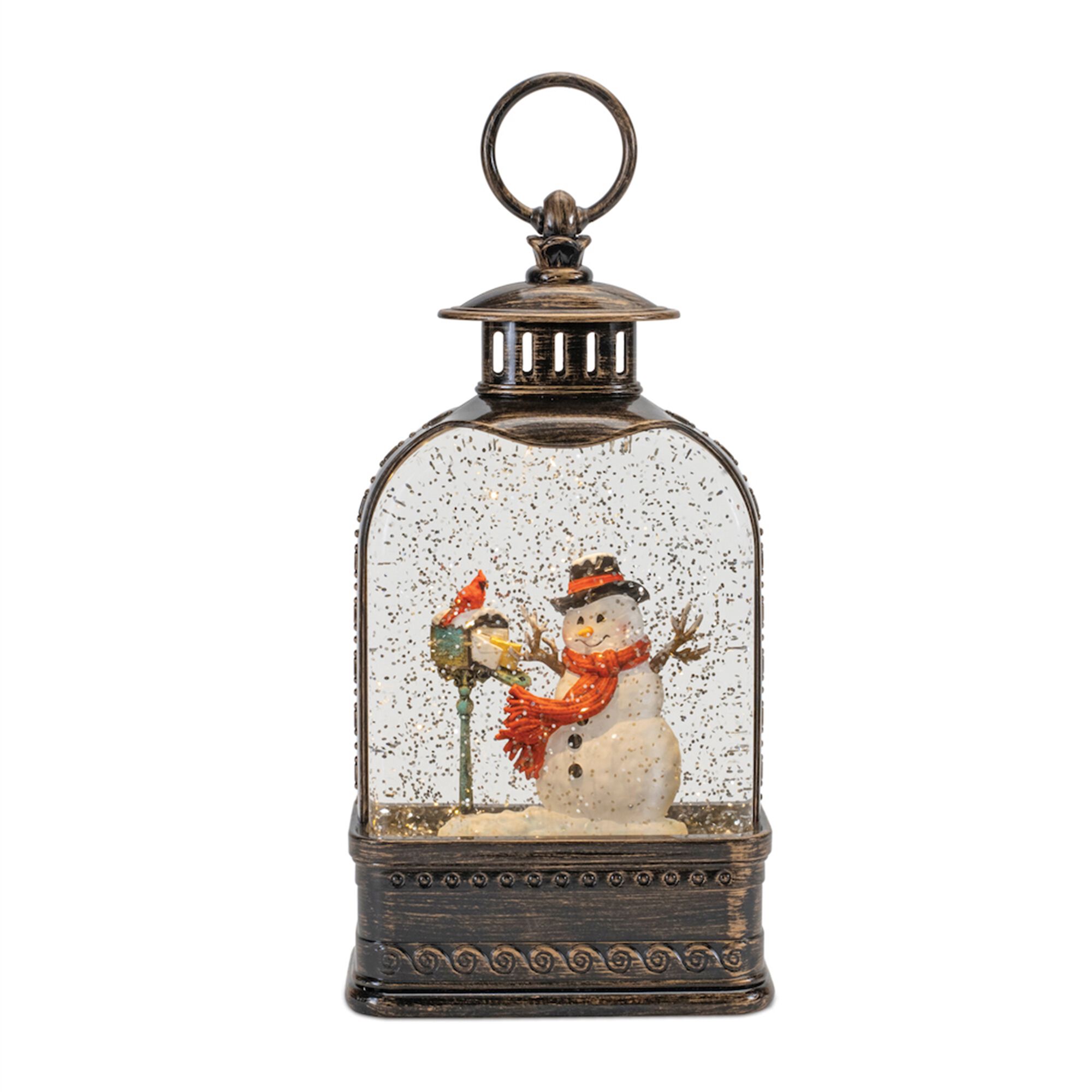 LED Snow Globe with Snowman and Cardinals 9.75 inchesH, BRONZE RED WHITE, hi-res image number 0