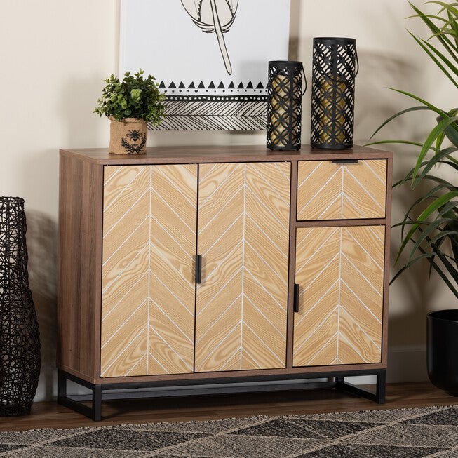 Josephine Mid-Century Modern Transitional Two-Tone Walnut And Natural Brown Finished Wood And Black Metal 3-Door Sideboard, , alternate image number null