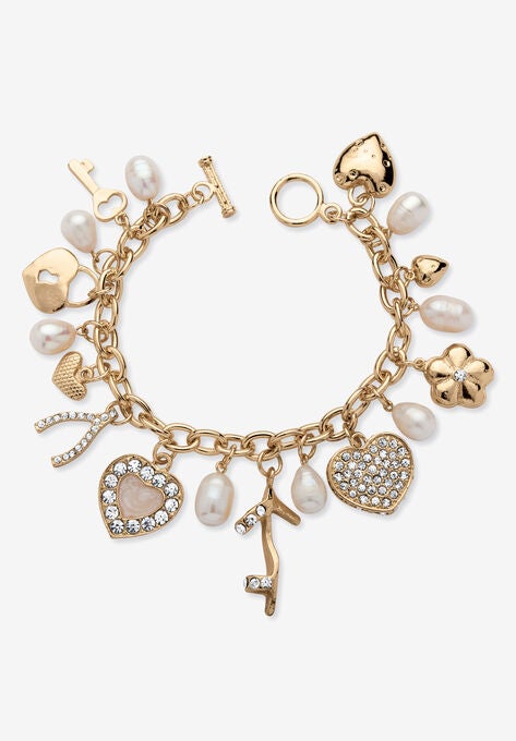 Gold Tone Charm Bracelet Crystal and Cultured Freshwater Pearl 8", CRYSTAL, hi-res image number null